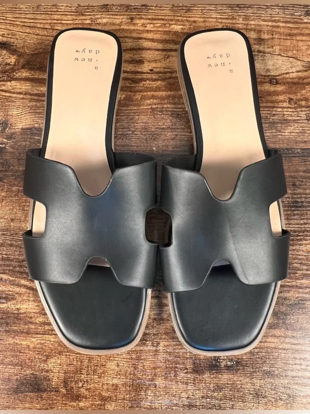 A New Day Sandals Slides Black Faux Leather Slip On Women's 8.5